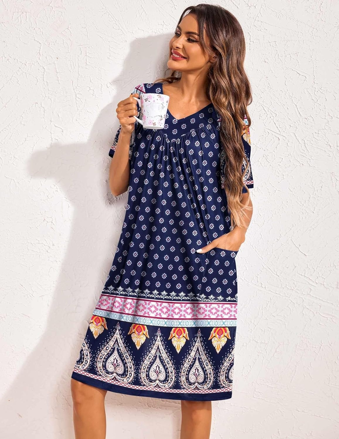 image:imageEkouaer Womens House Dress Floral Print Nightgown with Pockets Mumu DressNavy Boho