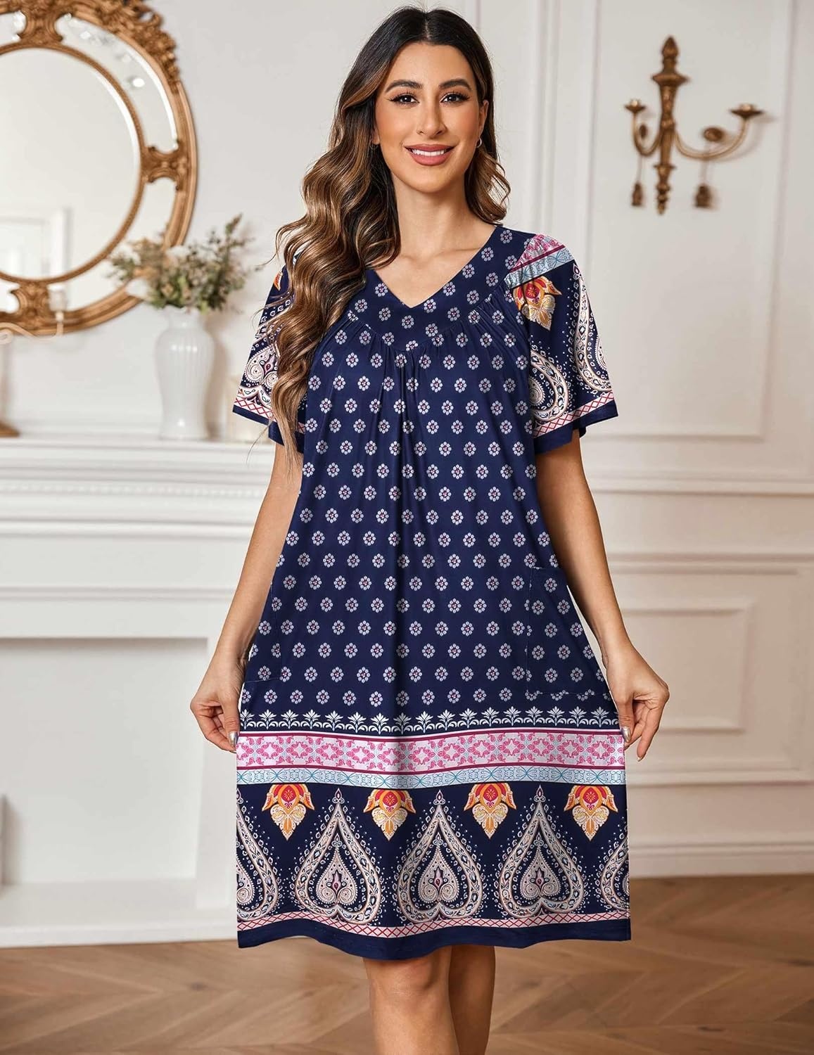 image:imageEkouaer Womens House Dress Floral Print Nightgown with Pockets Mumu DressNavy Boho