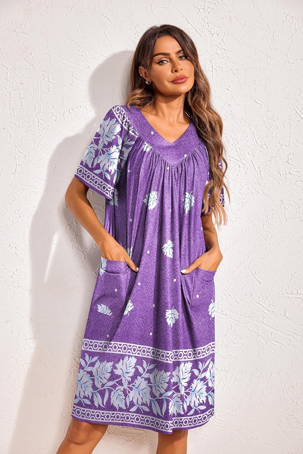 image:imageEkouaer Womens House Dress Floral Print Nightgown with Pockets Mumu DressPurple