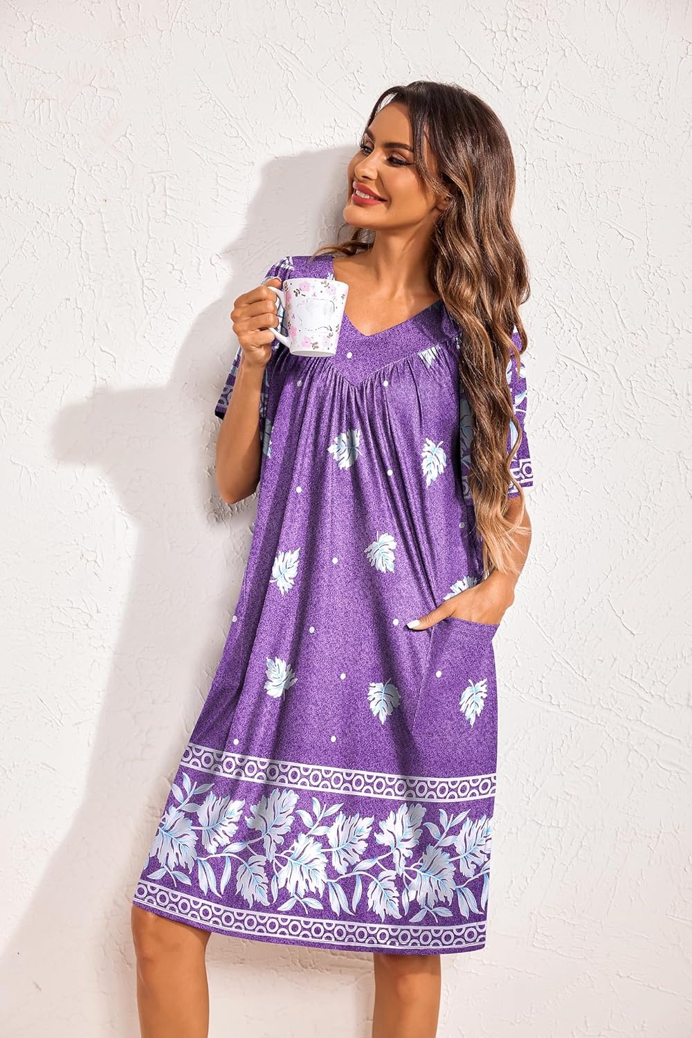 image:imageEkouaer Womens House Dress Floral Print Nightgown with Pockets Mumu DressPurple