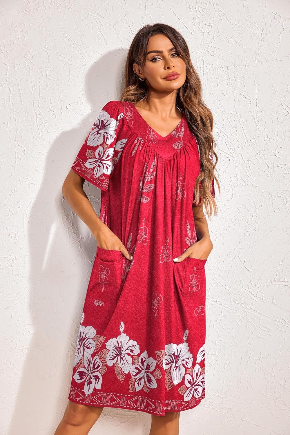 image:imageEkouaer Womens House Dress Floral Print Nightgown with Pockets Mumu DressRed
