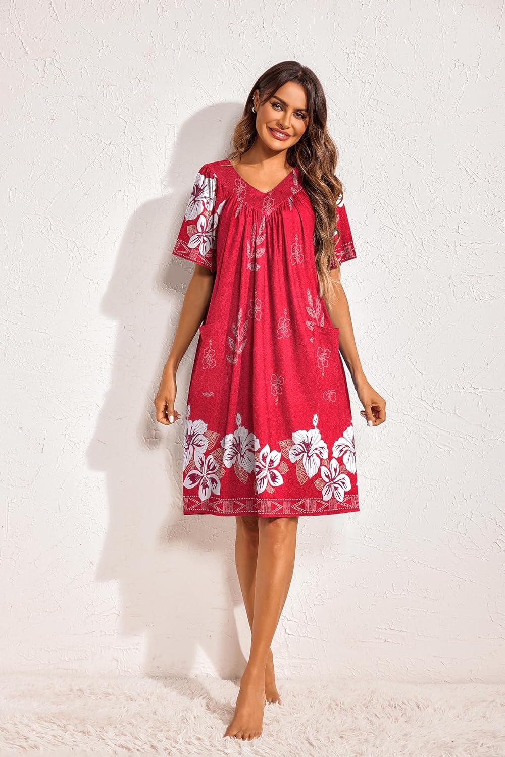 image:imageEkouaer Womens House Dress Floral Print Nightgown with Pockets Mumu DressRed