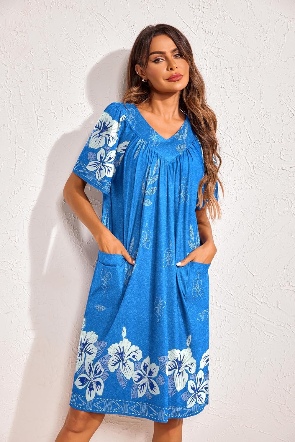 image:imageEkouaer Womens House Dress Floral Print Nightgown with Pockets Mumu DressSky Blue