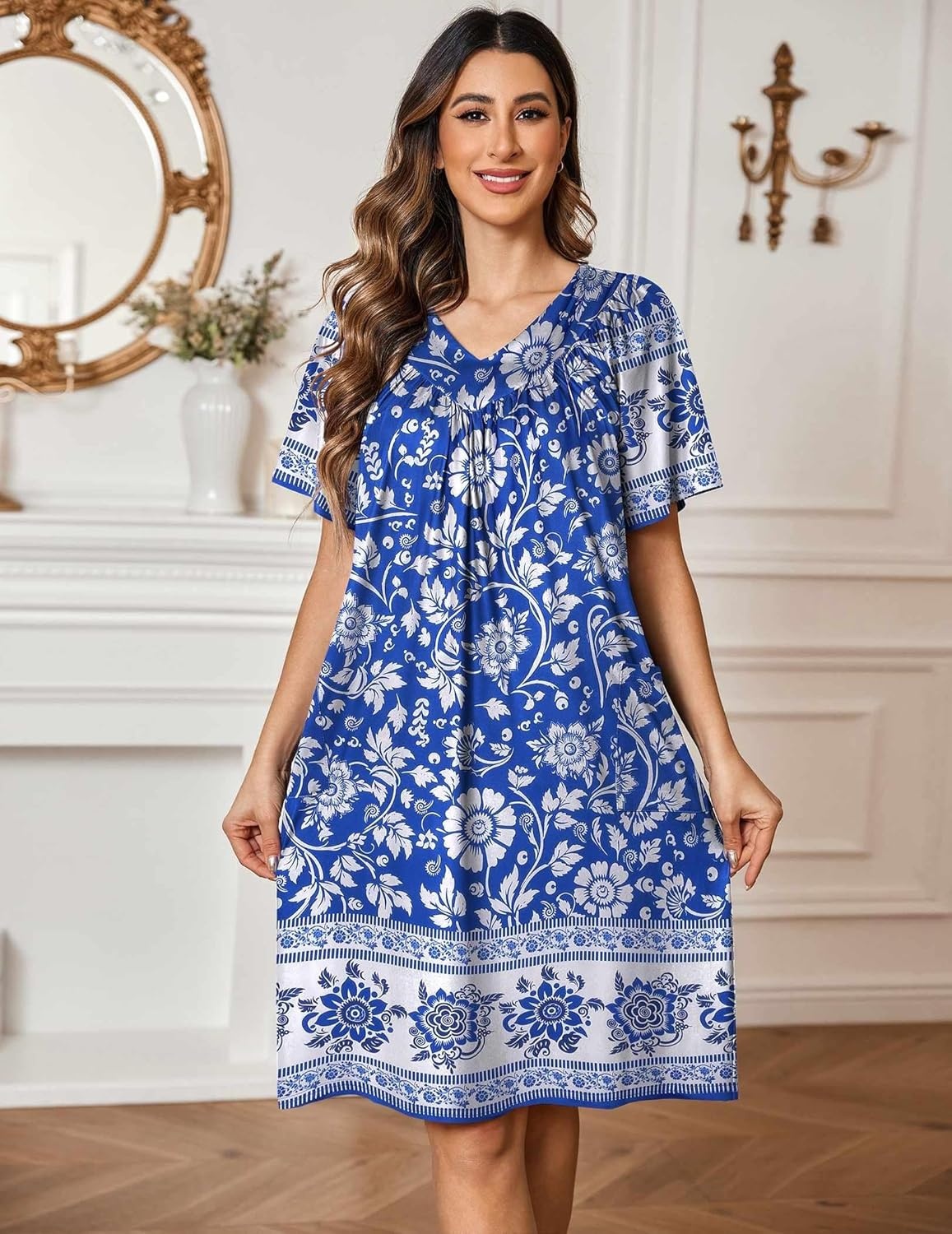 image:imageEkouaer Womens House Dress Floral Print Nightgown with Pockets Mumu DressWhite Flower