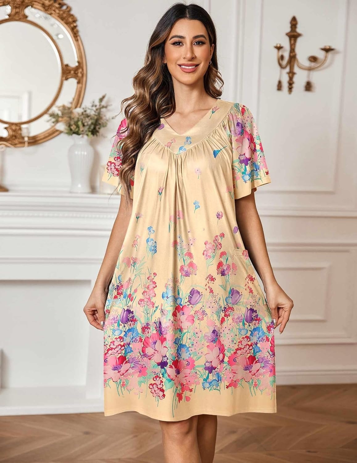 image:imageEkouaer Womens House Dress Floral Print Nightgown with Pockets Mumu DressYellow