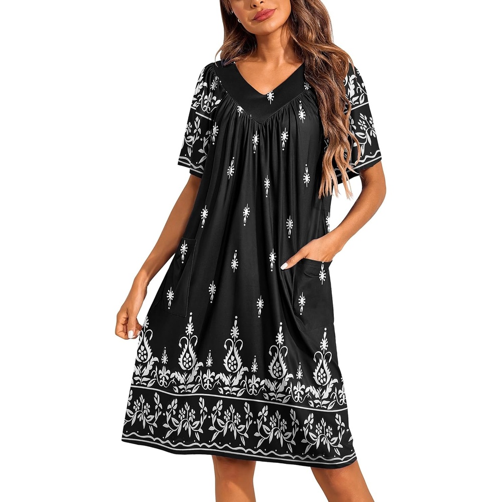 image:imageEkouaer Womens House Dress Floral Print Nightgown with Pockets Mumu DressBlack