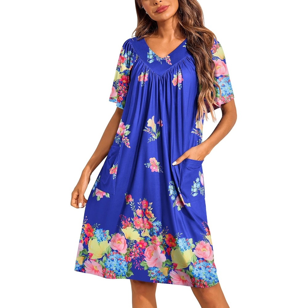 image:imageEkouaer Womens House Dress Floral Print Nightgown with Pockets Mumu DressBloom