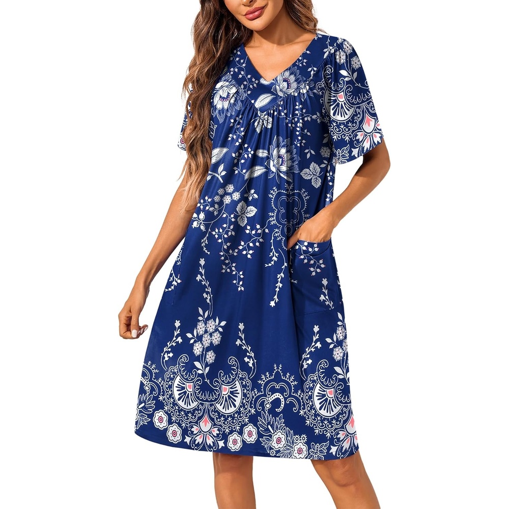image:imageEkouaer Womens House Dress Floral Print Nightgown with Pockets Mumu DressBlue and White Flower