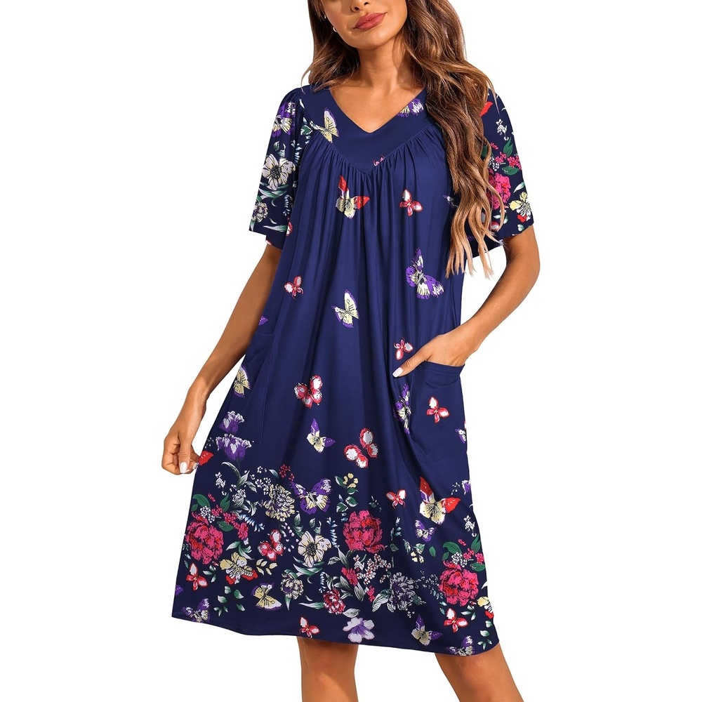 image:imageEkouaer Womens House Dress Floral Print Nightgown with Pockets Mumu DressButterfly