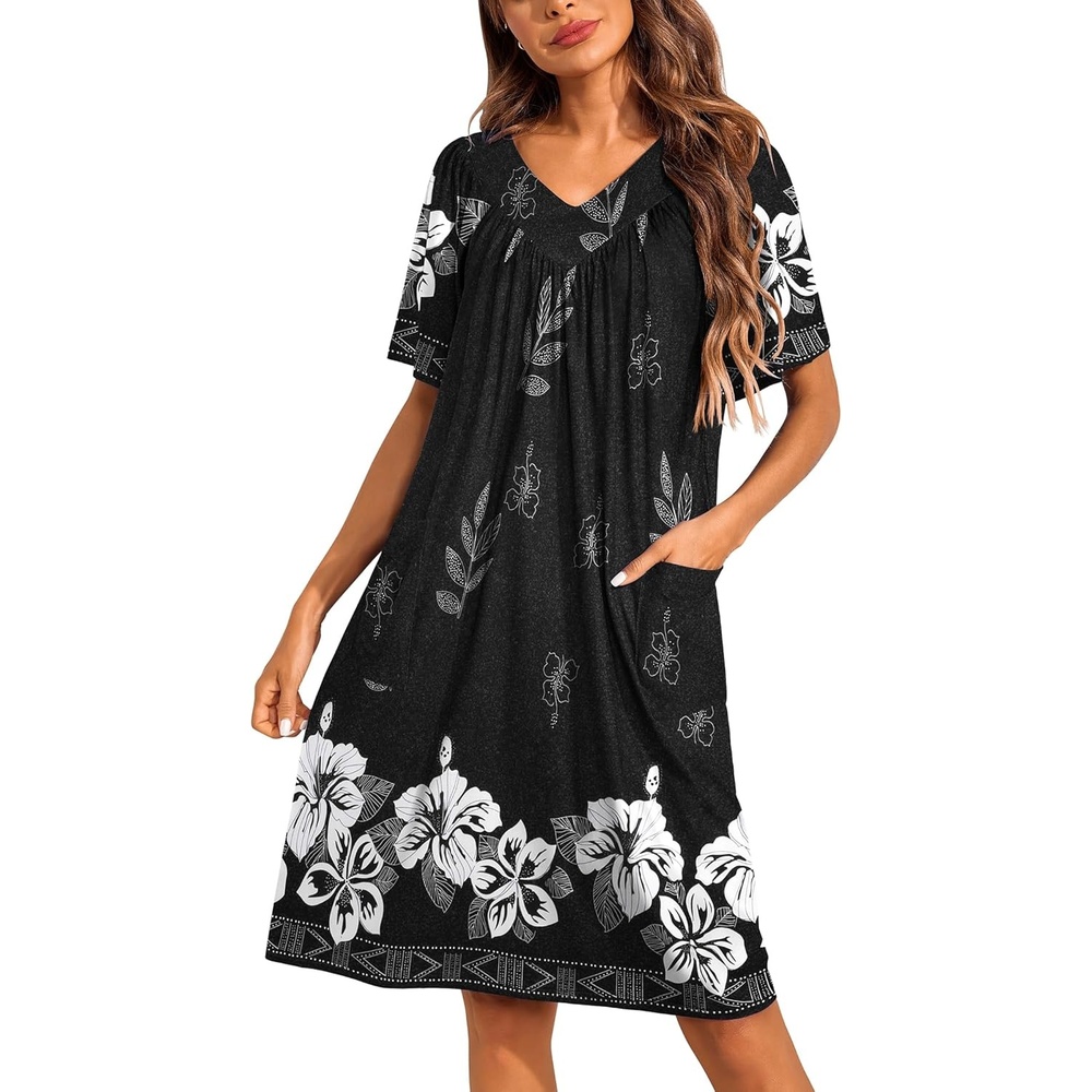 image:imageEkouaer Womens House Dress Floral Print Nightgown with Pockets Mumu DressFloral Black