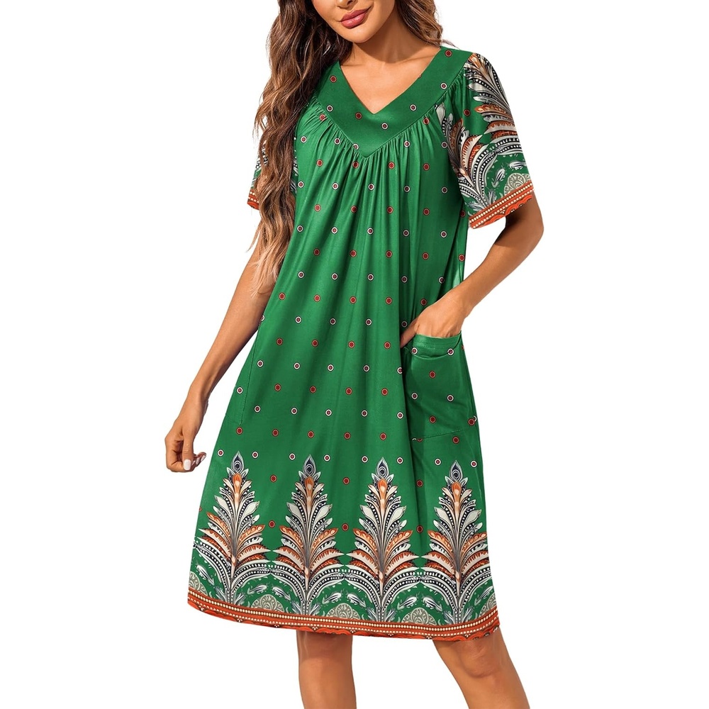 image:imageEkouaer Womens House Dress Floral Print Nightgown with Pockets Mumu DressGreen Boho