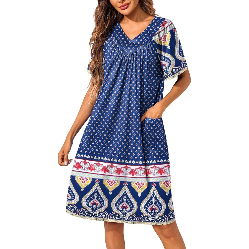 image:imageEkouaer Womens House Dress Floral Print Nightgown with Pockets Mumu DressNavy Blue