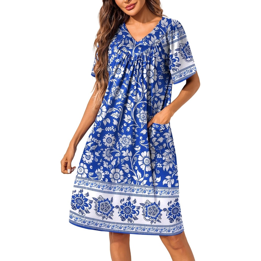 image:imageEkouaer Womens House Dress Floral Print Nightgown with Pockets Mumu DressWhite Flower