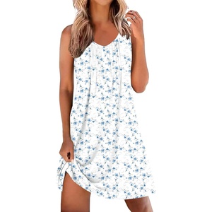 Ekouaer Cotton Nightgowns for Women Sleeveless Night Gown Tank Sleep Shirts Pleated Night Shirts V Neck Chemise(Floral White Blue)
