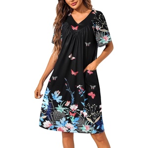 Ekouaer Womens House Dress Floral Print Nightgown with Pockets Mumu Dress(Black Butterfly)
