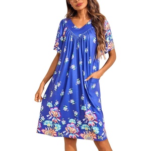 Ekouaer Womens House Dress Floral Print Nightgown with Pockets Mumu Dress(Blue)