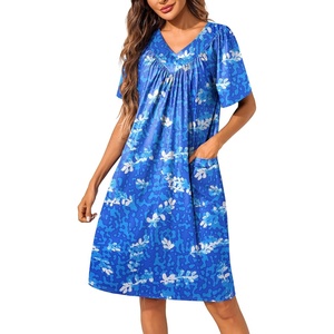 Ekouaer Womens House Dress Floral Print Nightgown with Pockets Mumu Dress(Blue Leaf)