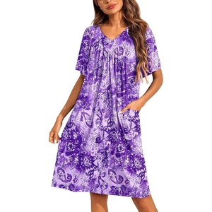 Ekouaer Womens House Dress Floral Print Nightgown with Pockets Mumu Dress(Floral Purple)