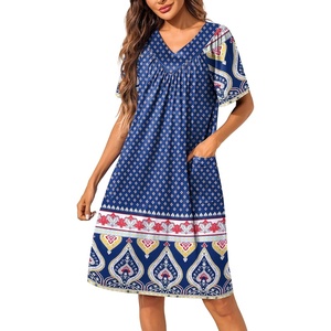 Ekouaer Womens House Dress Floral Print Nightgown with Pockets Mumu Dress(Navy Blue)