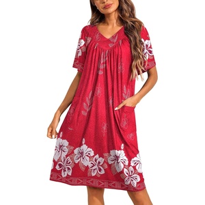Ekouaer Womens House Dress Floral Print Nightgown with Pockets Mumu Dress(Red)