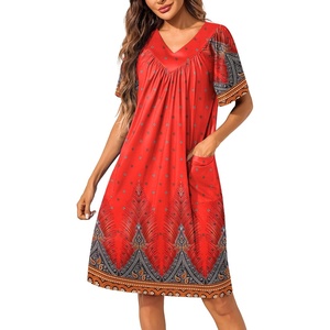 Ekouaer Womens House Dress Floral Print Nightgown with Pockets Mumu Dress(Red Boho)