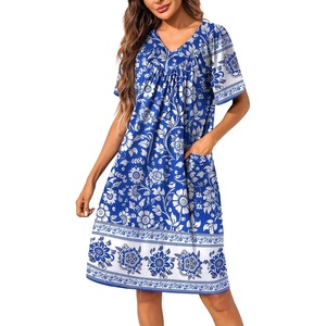 Ekouaer Womens House Dress Floral Print Nightgown with Pockets Mumu Dress(White Flower)