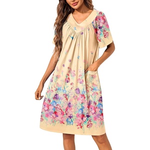 Ekouaer Womens House Dress Floral Print Nightgown with Pockets Mumu Dress(Yellow)