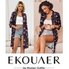 Ekouaer Zipper Robes for Women 3/4 Sleeve Housecoats Knee Length Bathrobe Lightweight Nightgown with Pockets S-3XL(Black Flower)