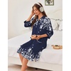 Ekouaer Zipper Robes for Women 3/4 Sleeve Housecoats Knee Length Bathrobe Lightweight Nightgown with Pockets S-3XL(Navy Blue Flower)
