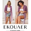 Ekouaer Zipper Robes for Women 3/4 Sleeve Housecoats Knee Length Bathrobe Lightweight Nightgown with Pockets S-3XL(Purple Leaves)