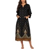 Ekouaer Women Zipper Robe 3/4 Sleeves Loungewear Dress Full Length Sleepwear Pockets Housecoat Nightgown Long Bathrobe(Black Feather)