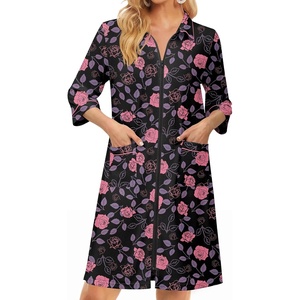 Ekouaer Zipper Robes for Women 3/4 Sleeve Housecoats Knee Length Bathrobe Lightweight Nightgown with Pockets S-3XL(Black Flower)