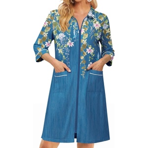 Ekouaer Zipper Robes for Women 3/4 Sleeve Housecoats Knee Length Bathrobe Lightweight Nightgown with Pockets S-3XL(Deep Blue Floral)