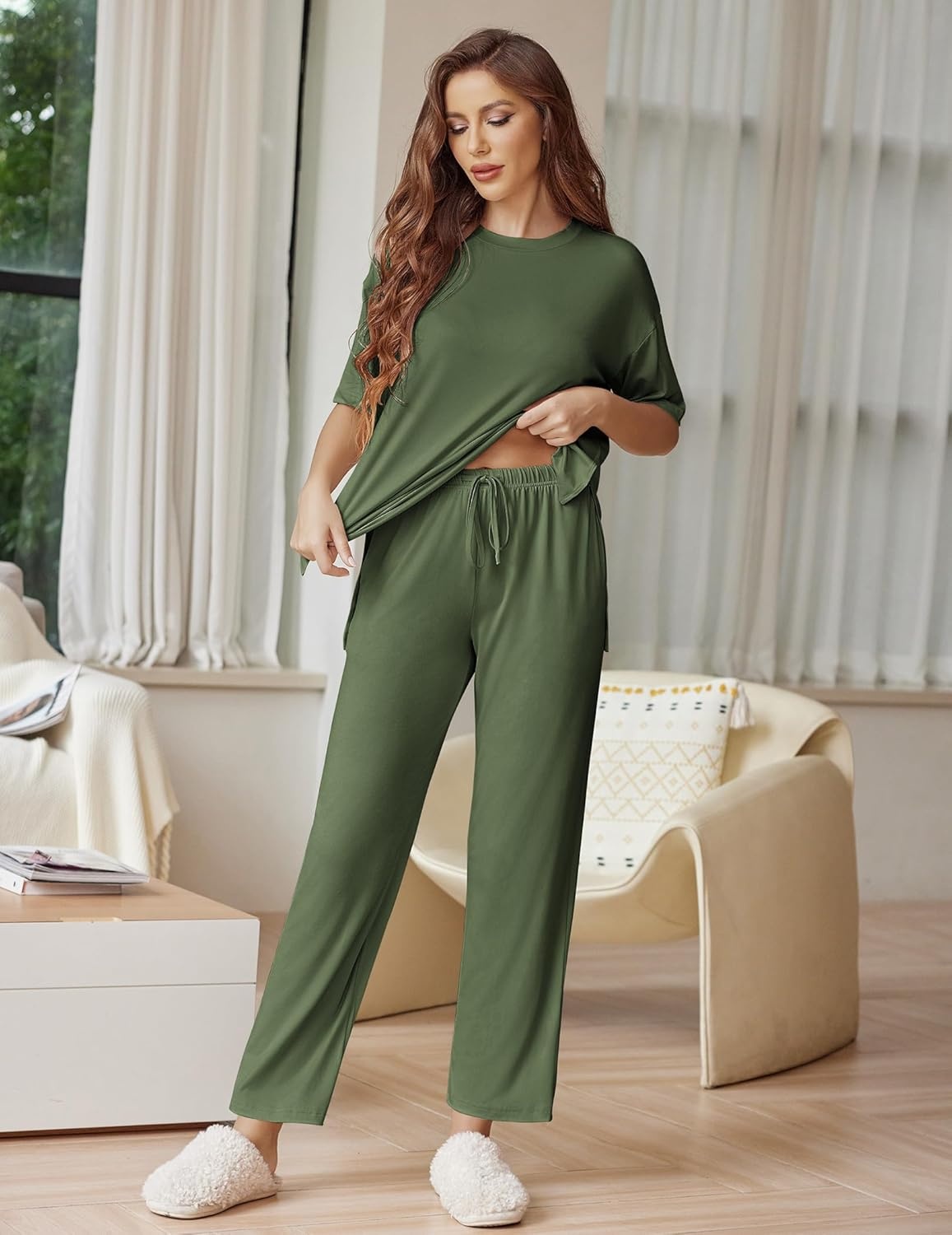 image:imageEkouaer Lounge Sets for Women Short Sleeve Tops and Long Pants Soft Comfy Pajamas Set 2 Piece OutfitsArmy Green