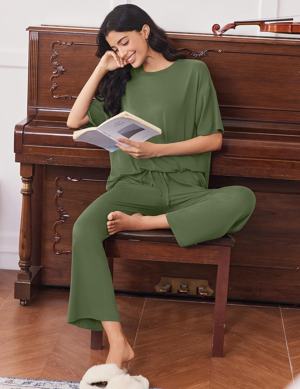 image:imageEkouaer Lounge Sets for Women Short Sleeve Tops and Long Pants Soft Comfy Pajamas Set 2 Piece OutfitsArmy Green