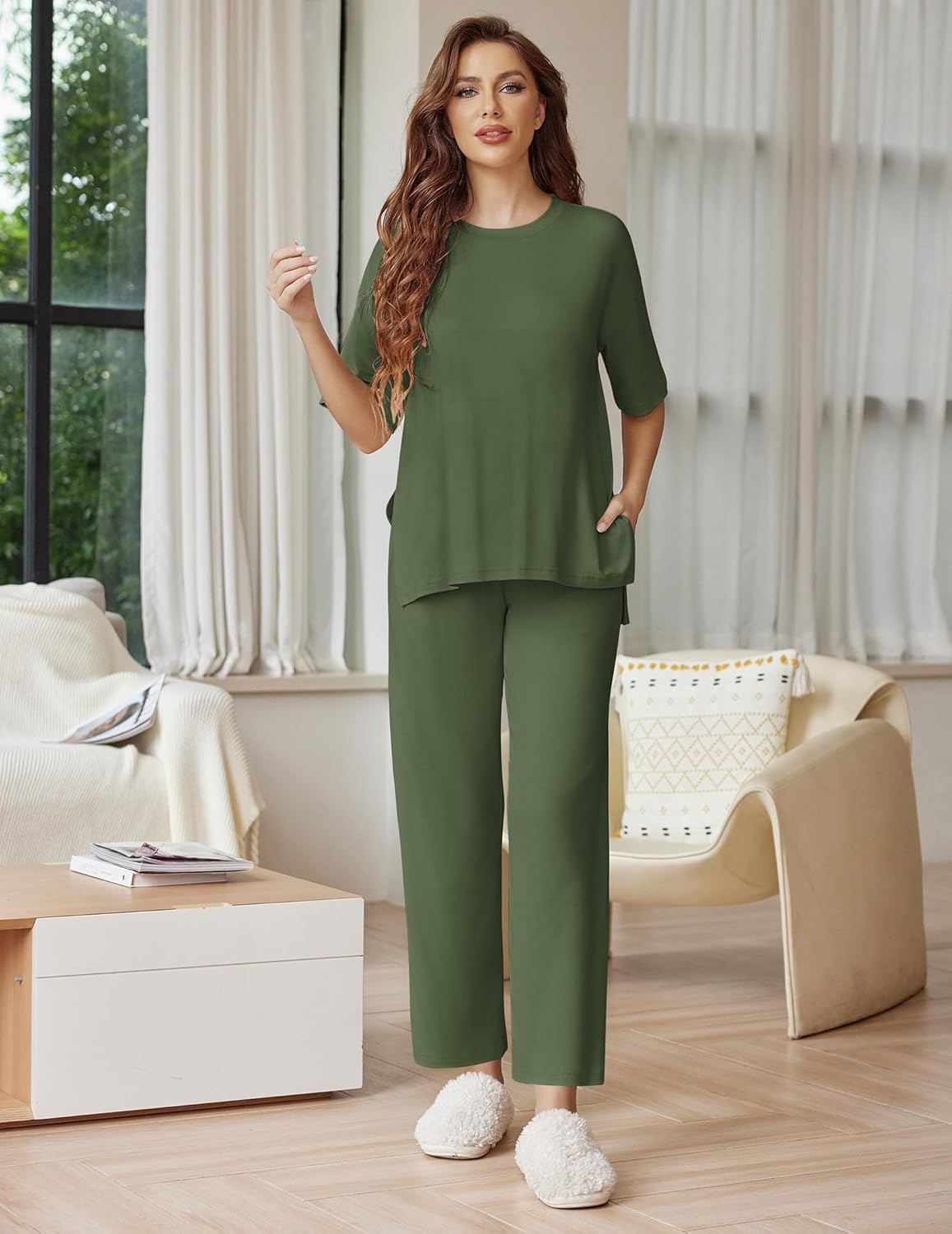 image:imageEkouaer Lounge Sets for Women Short Sleeve Tops and Long Pants Soft Comfy Pajamas Set 2 Piece OutfitsArmy Green