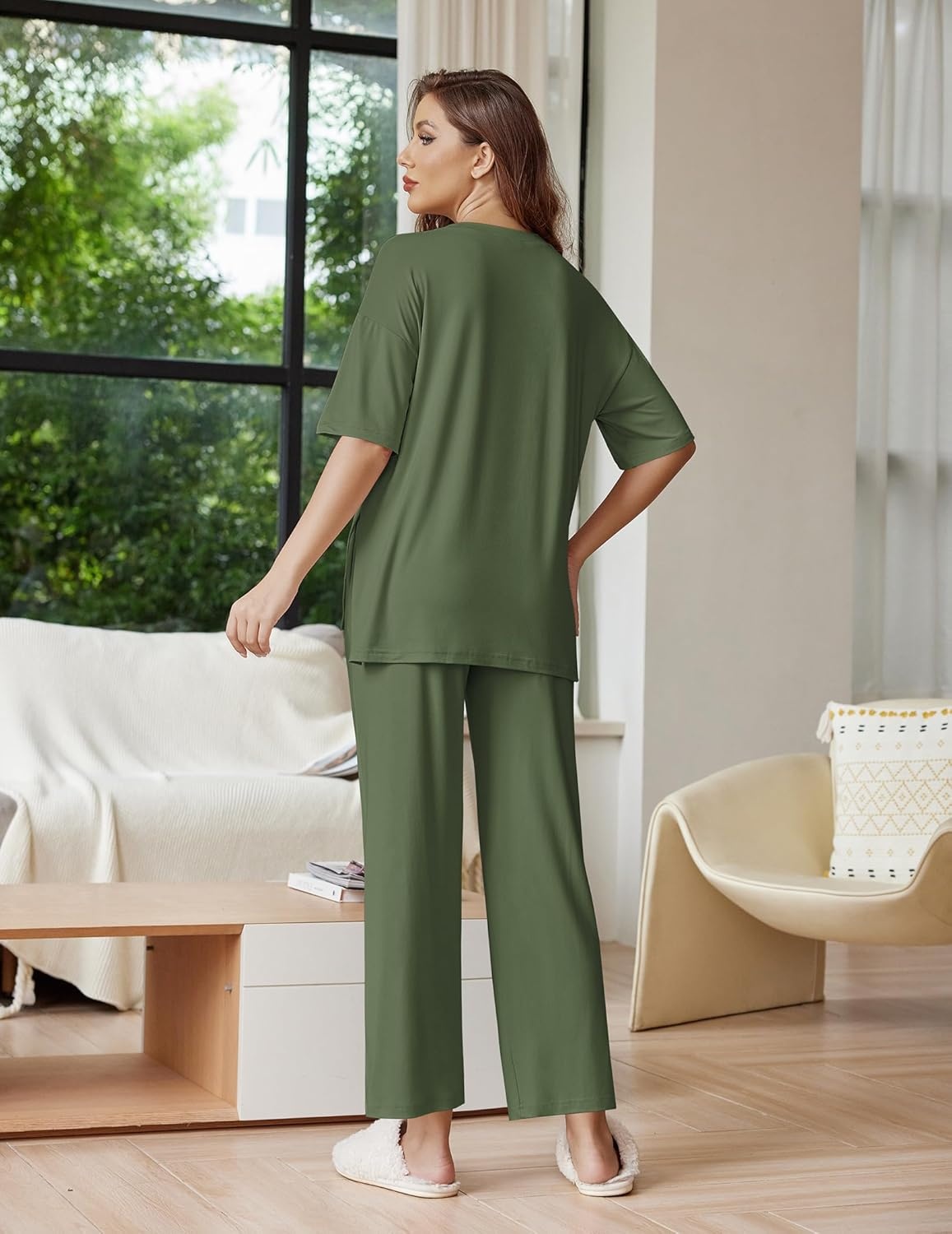 image:imageEkouaer Lounge Sets for Women Short Sleeve Tops and Long Pants Soft Comfy Pajamas Set 2 Piece OutfitsArmy Green