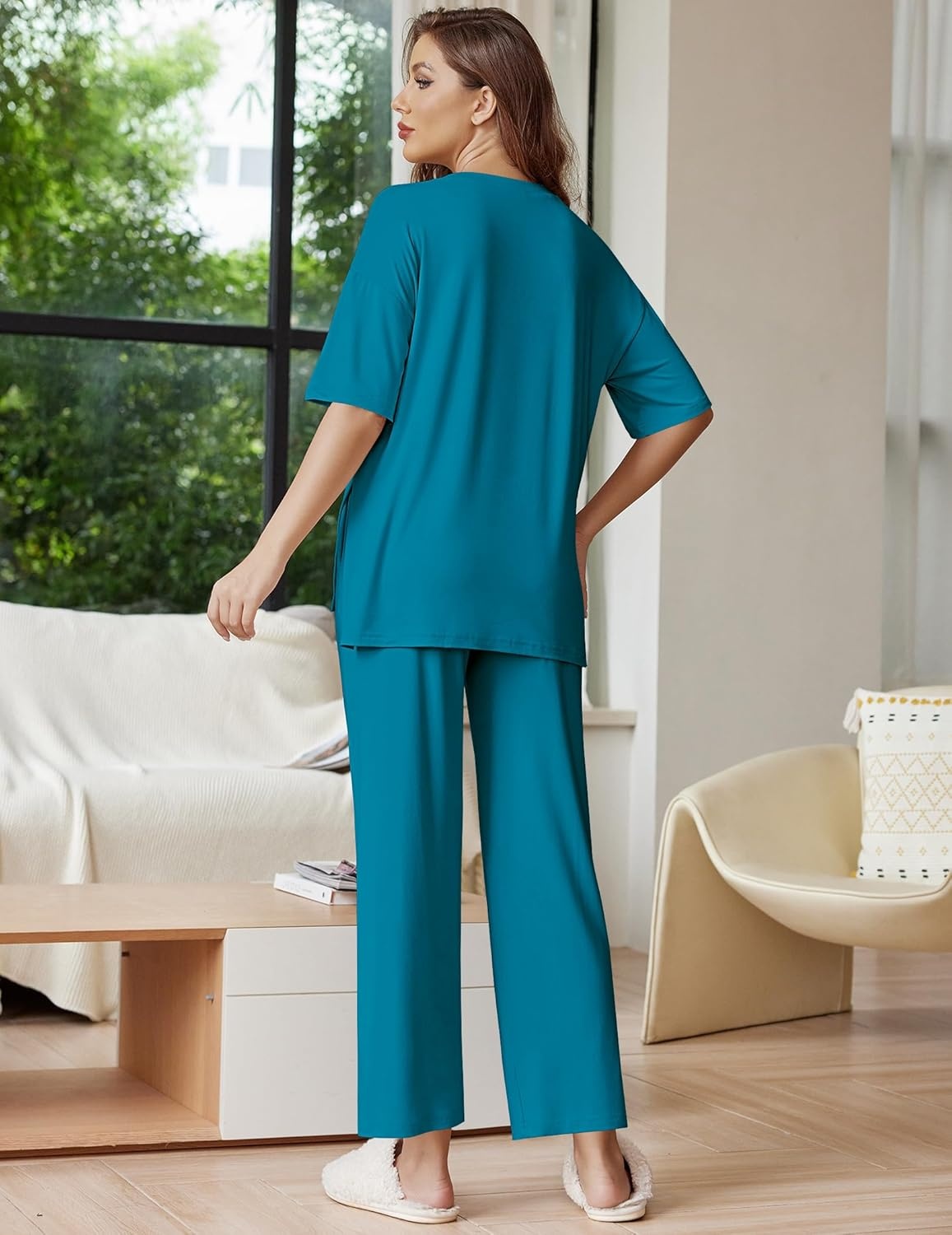 image:imageEkouaer Lounge Sets for Women Short Sleeve Tops and Long Pants Soft Comfy Pajamas Set 2 Piece OutfitsBlue Green