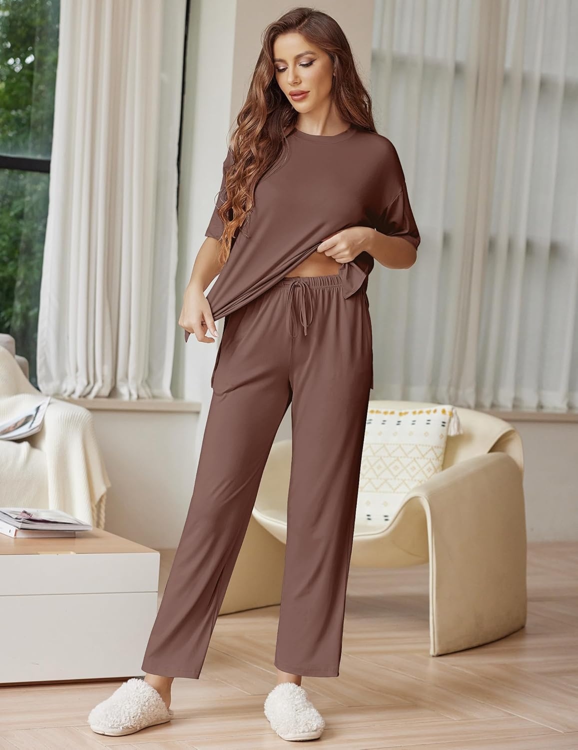 image:imageEkouaer Lounge Sets for Women Short Sleeve Tops and Long Pants Soft Comfy Pajamas Set 2 Piece OutfitsBrown
