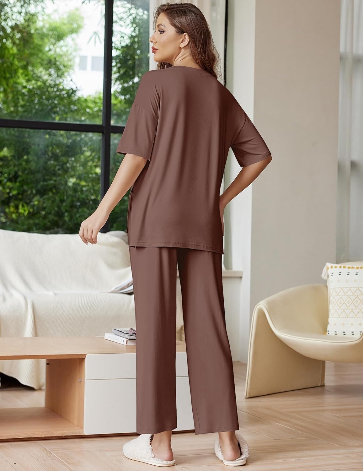 image:imageEkouaer Lounge Sets for Women Short Sleeve Tops and Long Pants Soft Comfy Pajamas Set 2 Piece OutfitsBrown