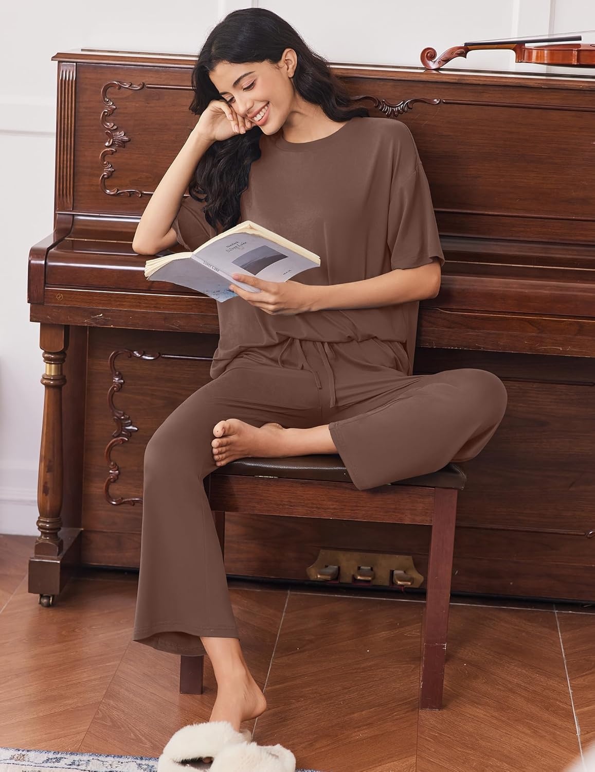 image:imageEkouaer Lounge Sets for Women Short Sleeve Tops and Long Pants Soft Comfy Pajamas Set 2 Piece OutfitsBrown