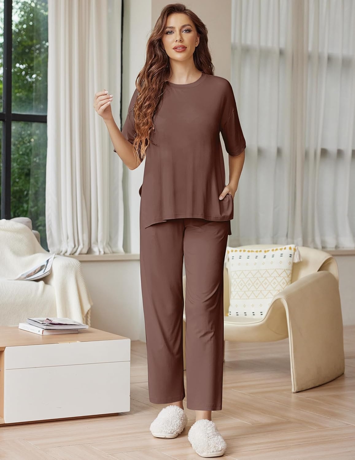 image:imageEkouaer Lounge Sets for Women Short Sleeve Tops and Long Pants Soft Comfy Pajamas Set 2 Piece OutfitsBrown