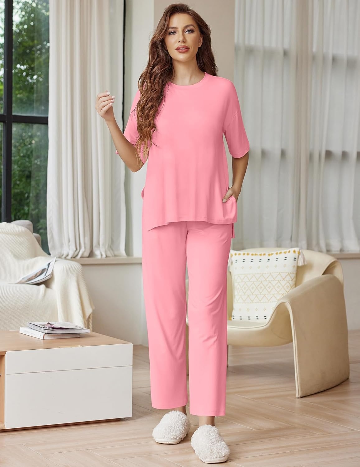 image:imageEkouaer Lounge Sets for Women Short Sleeve Tops and Long Pants Soft Comfy Pajamas Set 2 Piece OutfitsCoral Pink