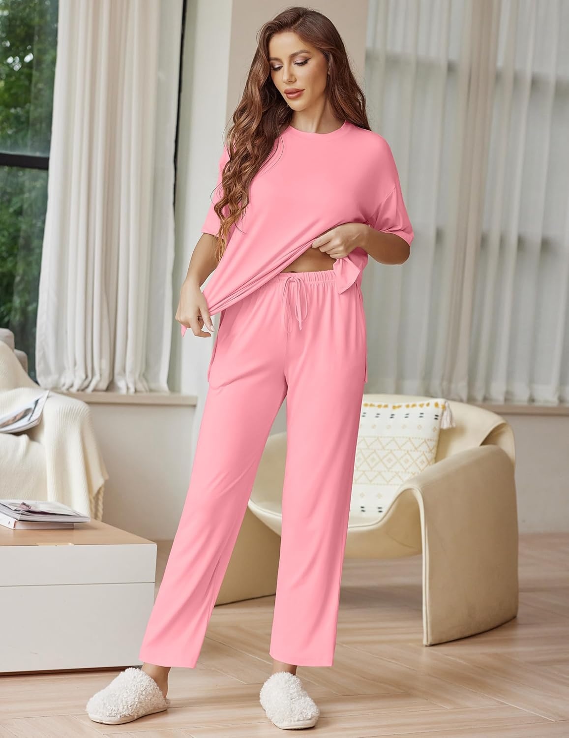image:imageEkouaer Lounge Sets for Women Short Sleeve Tops and Long Pants Soft Comfy Pajamas Set 2 Piece OutfitsCoral Pink