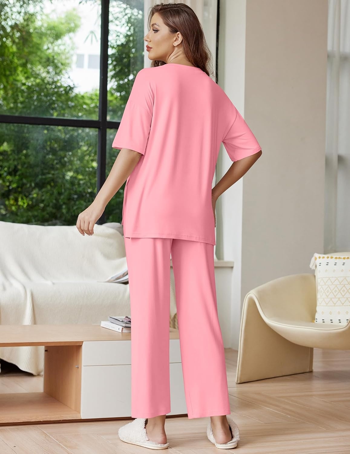 image:imageEkouaer Lounge Sets for Women Short Sleeve Tops and Long Pants Soft Comfy Pajamas Set 2 Piece OutfitsCoral Pink
