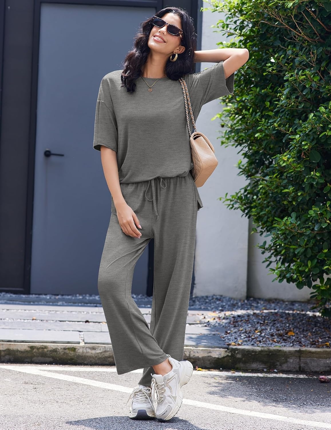 image:imageEkouaer Lounge Sets for Women Short Sleeve Tops and Long Pants Soft Comfy Pajamas Set 2 Piece OutfitsDark Gray