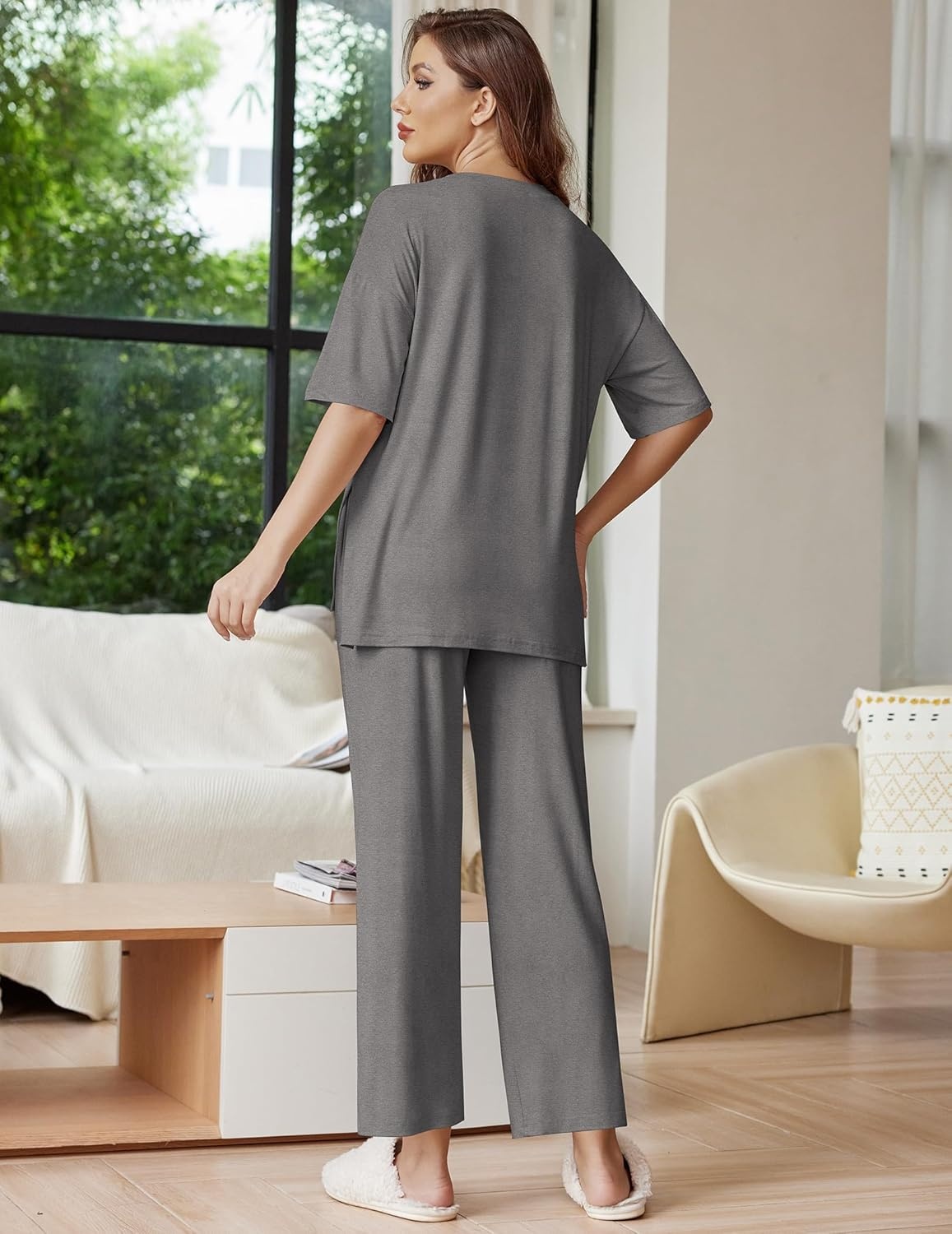 image:imageEkouaer Lounge Sets for Women Short Sleeve Tops and Long Pants Soft Comfy Pajamas Set 2 Piece OutfitsDark Gray