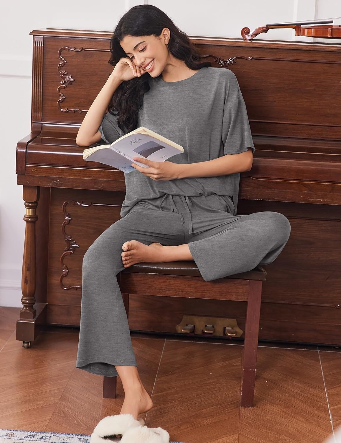 image:imageEkouaer Lounge Sets for Women Short Sleeve Tops and Long Pants Soft Comfy Pajamas Set 2 Piece OutfitsDark Gray