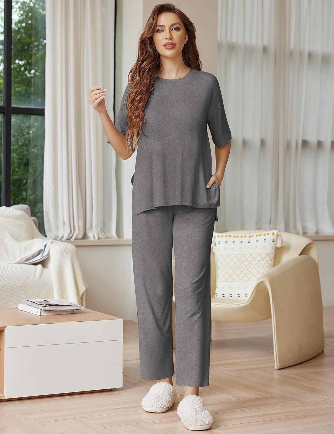 image:imageEkouaer Lounge Sets for Women Short Sleeve Tops and Long Pants Soft Comfy Pajamas Set 2 Piece OutfitsDark Gray