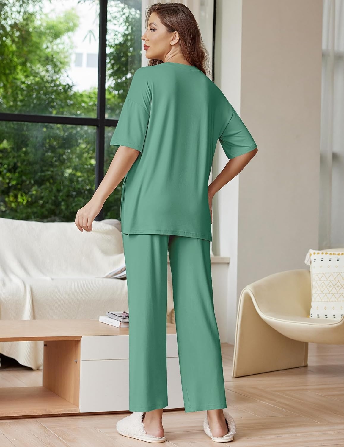 image:imageEkouaer Lounge Sets for Women Short Sleeve Tops and Long Pants Soft Comfy Pajamas Set 2 Piece OutfitsGray Green
